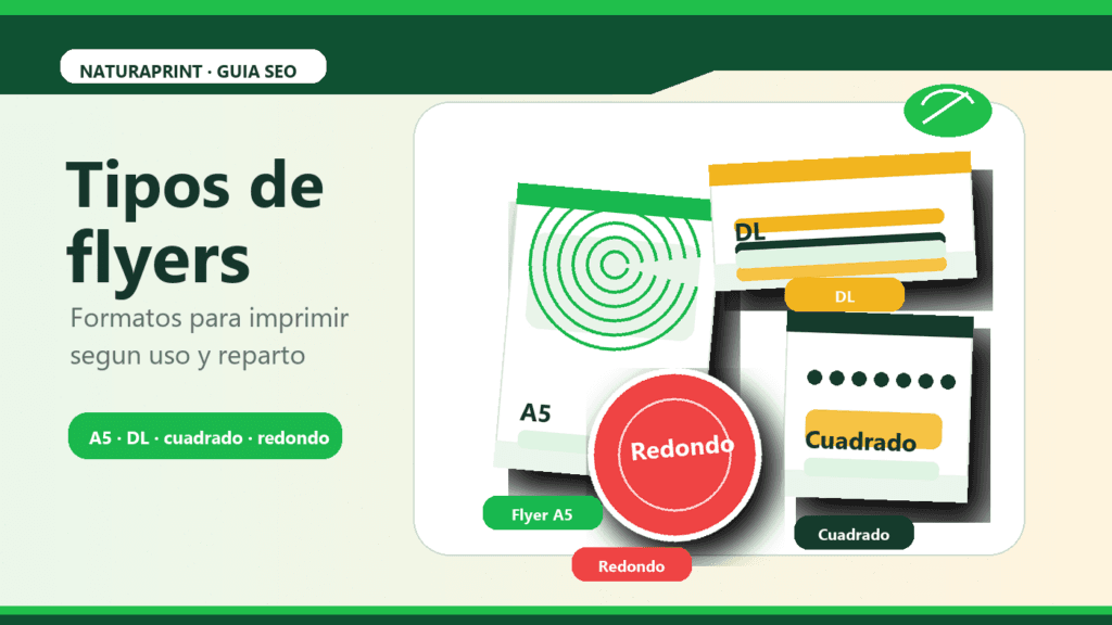 Tipos de flyers para imprimir con formatos A5 DL cuadrado y redondo